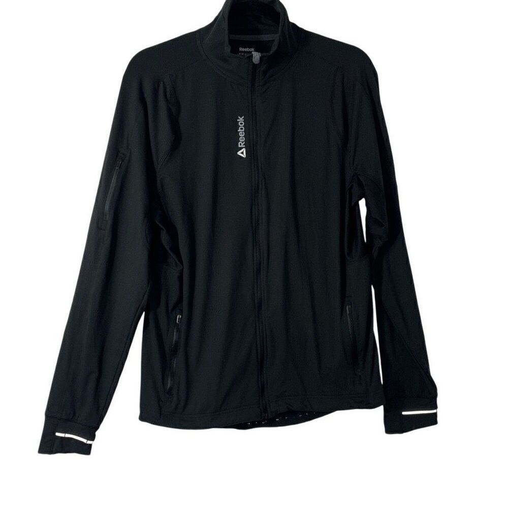 Reebok detailed black zip front track jacket w zip pockets M